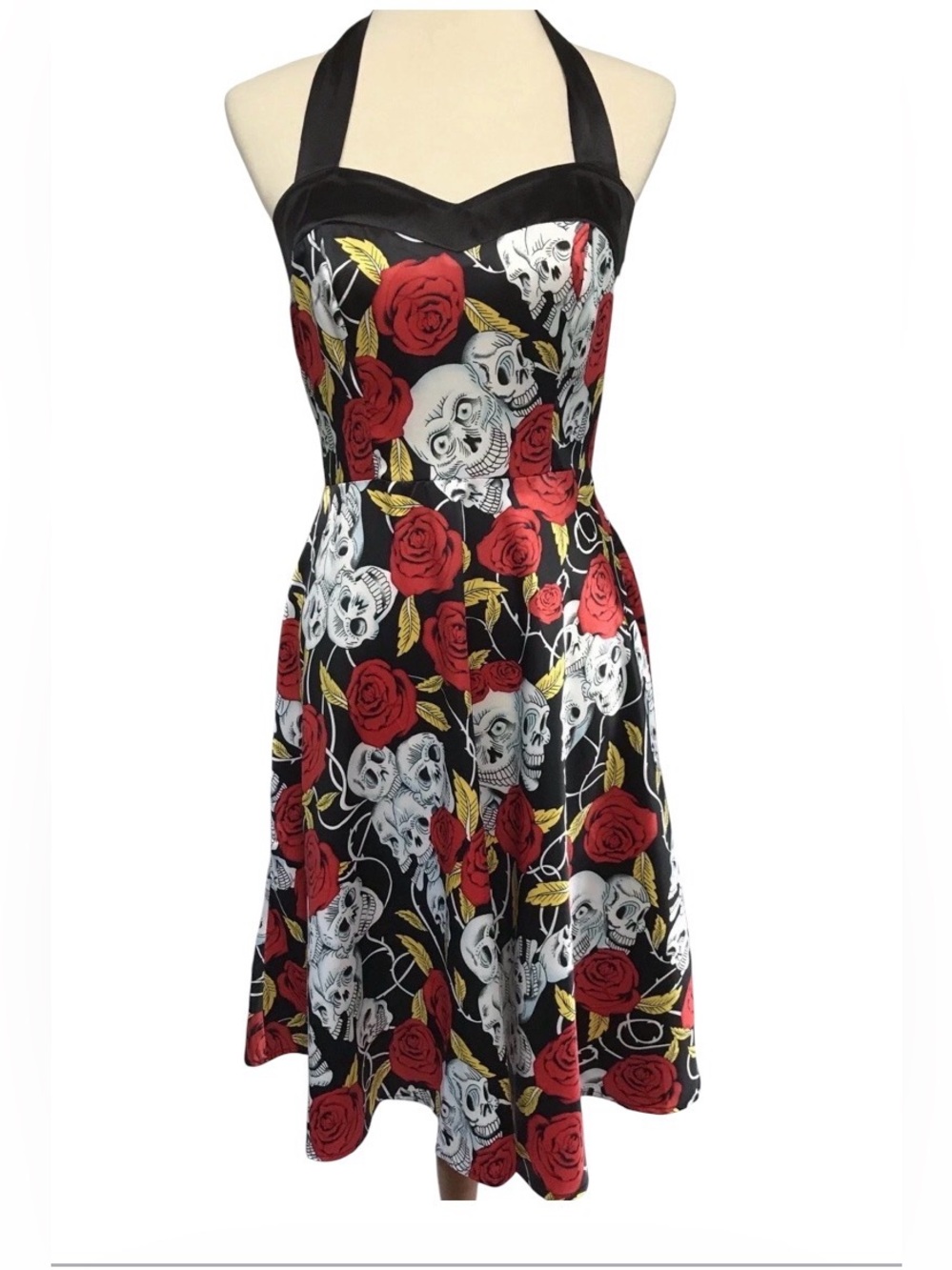 DressTells SIZE S Black Roses Skulls Satin Halter Dress Fit Flare Corset Back